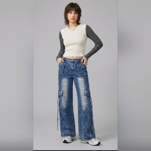 Hot & Delicious Wide Leg Cargo Stretch denim Jeans, Women's L EUC